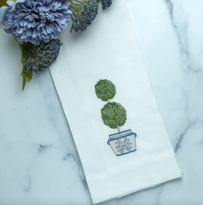 Double Boxwood Topiary Embroidered Towel