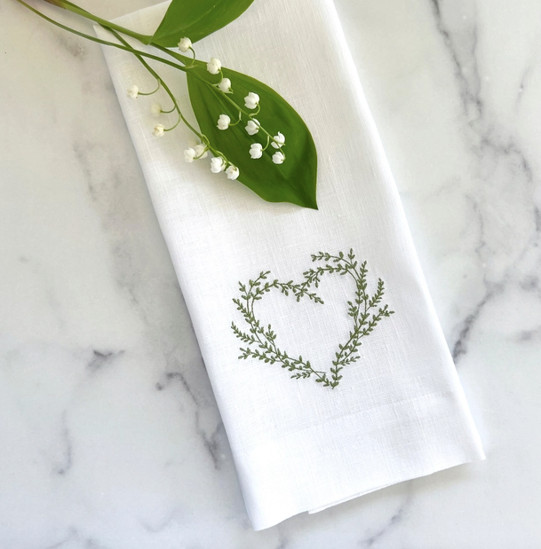 Vineyard Heart Embroidered Linen Towel