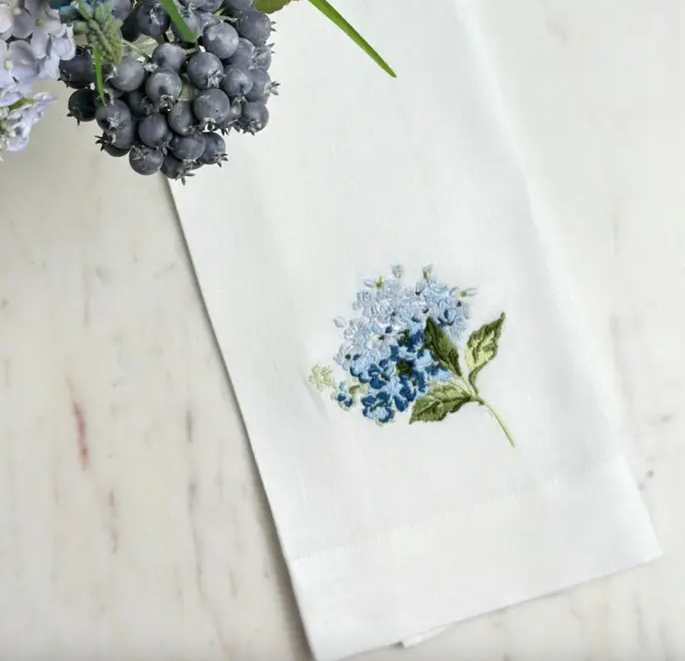 Hydrangea Embroidered Linen Towel