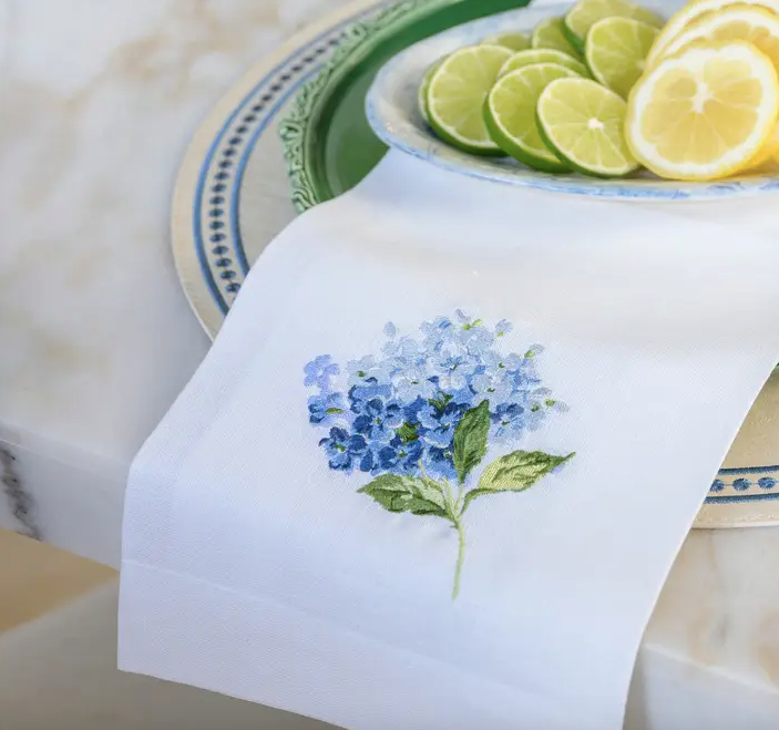 Hydrangea Embroidered Linen Towel