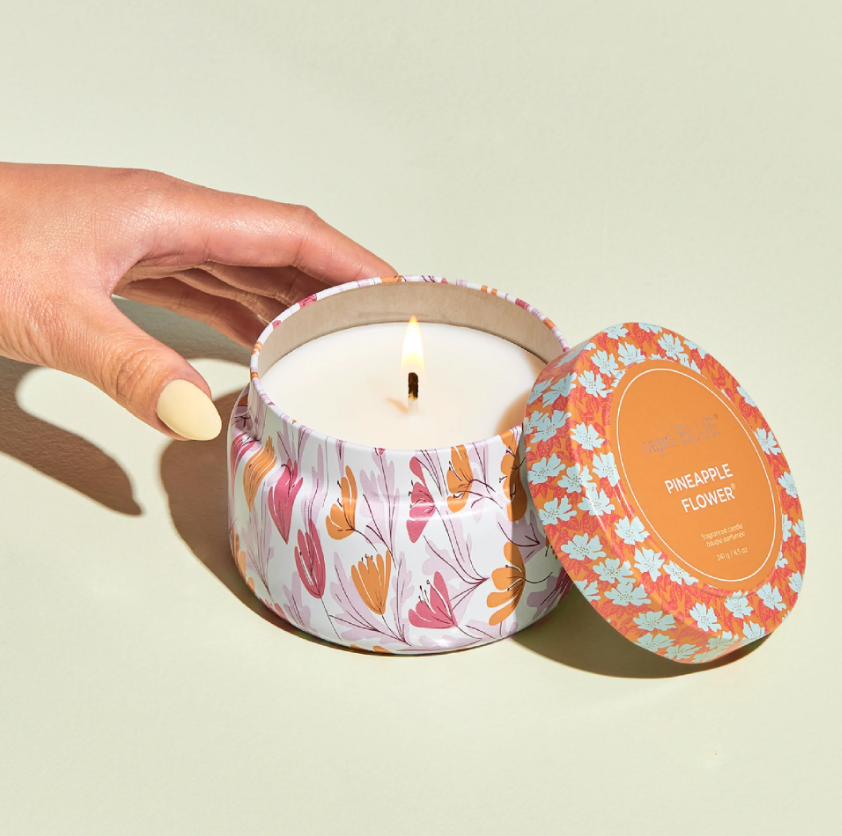 Capri Blue Pineapple Flower Pattern Play Travel Tin