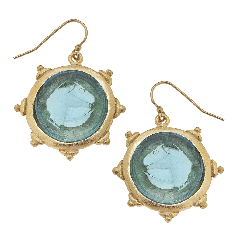 Susan Shaw Aqua Venetian Glass Horse Head Intaglio Earrings