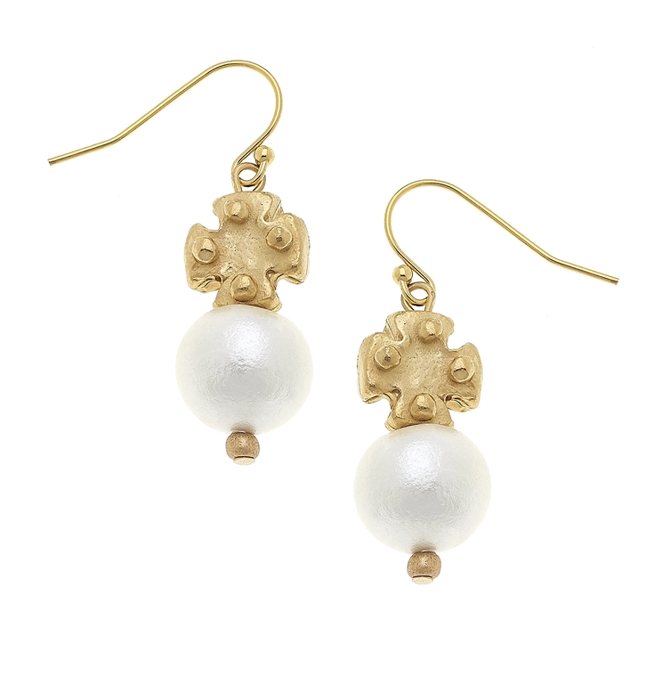 Susan Shaw Cotton Pearl & Mini Gold Cross Earrings