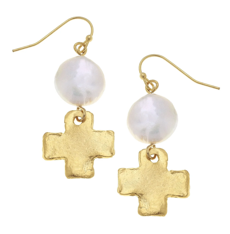 Susan Shaw Coin Pearl + Gold Cross Drop Earrings