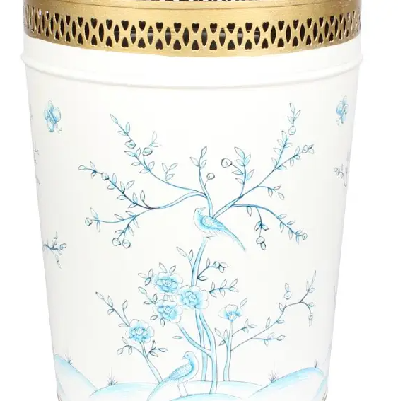 Handpainted Ivory & Blue Round Wastepaper Basket