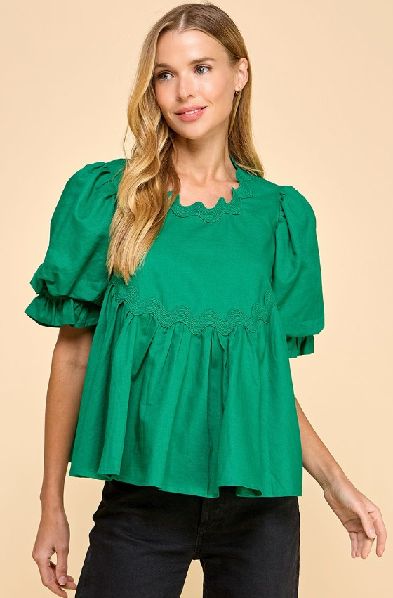 Gwendolyn Ric Rac Detail Bubble Sleeve Top