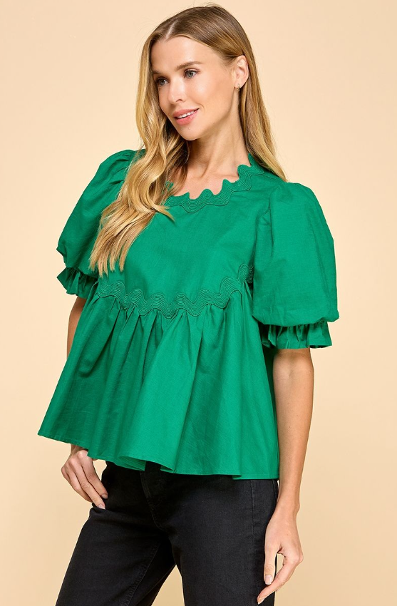 Gwendolyn Ric Rac Detail Bubble Sleeve Top