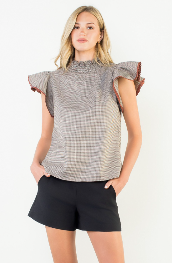 Angela Flutter Sleeve Houndstooth Top