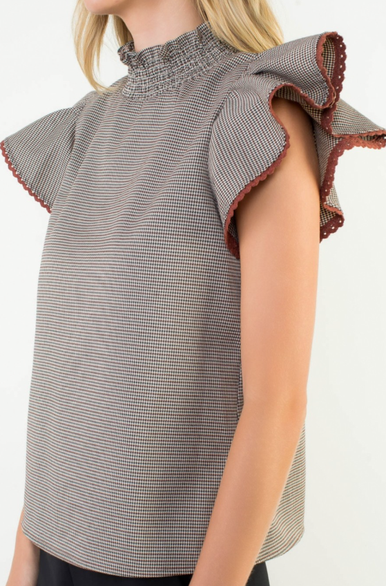 Angela Flutter Sleeve Houndstooth Top
