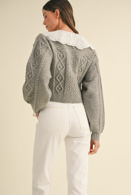 Amoura Embroidered Collar Cable Knit Cardigan