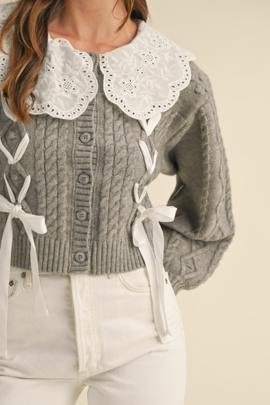 Amoura Embroidered Collar Cable Knit Cardigan