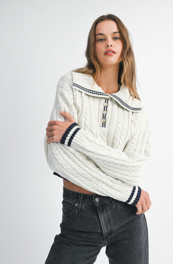 Henley Cable Knit Sailor Collar Sweater