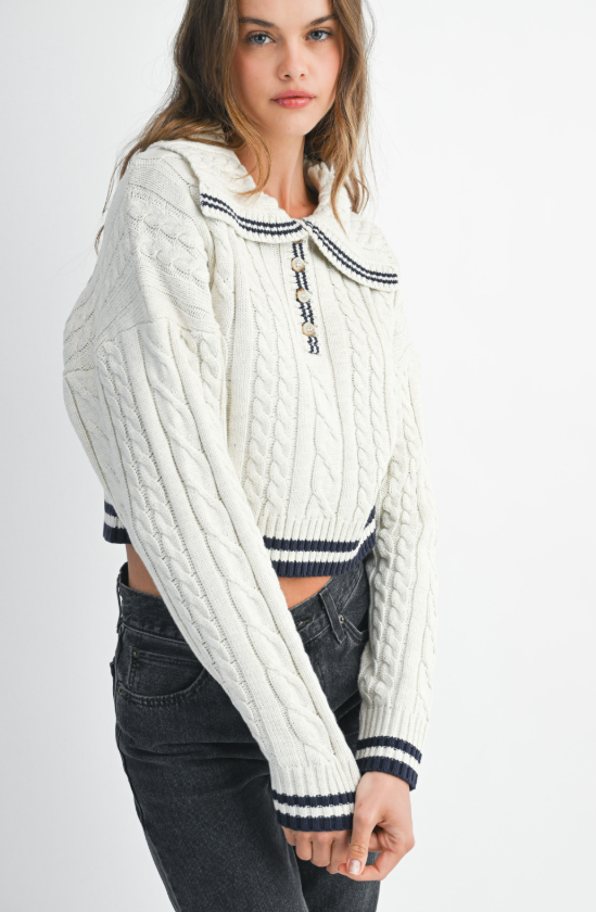 Henley Cable Knit Sailor Collar Sweater