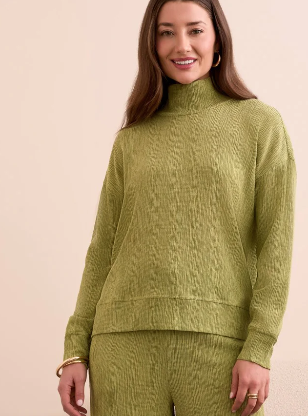 Tribal Crinkle Drop Shoulder Mock Neck Top