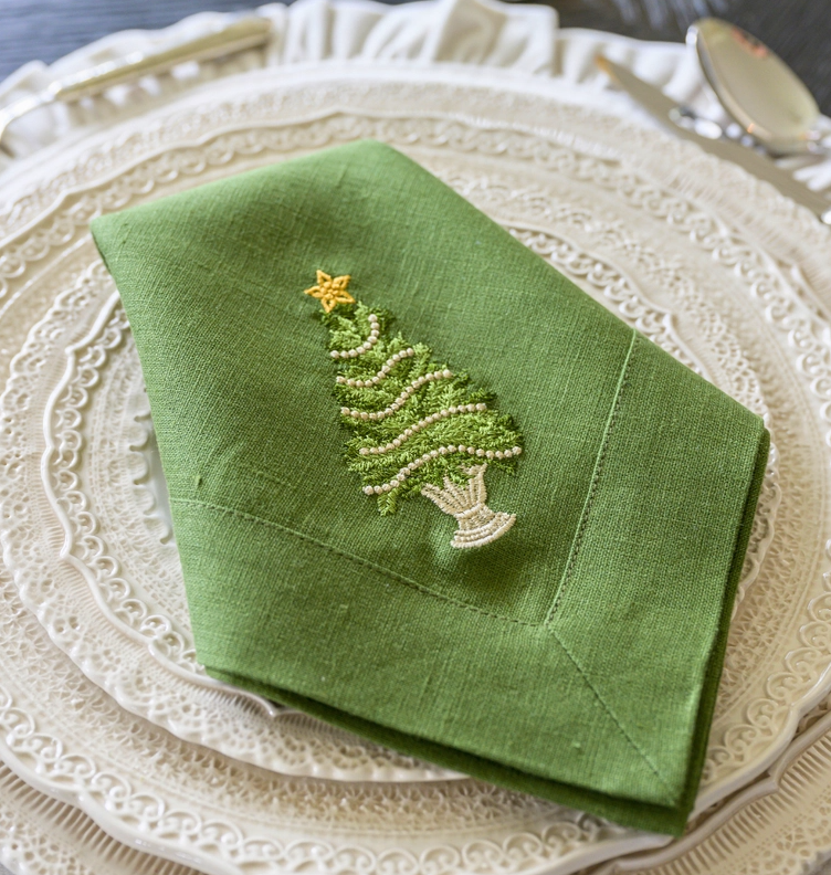 Christmas Tree Embroidered Linen Napkins - Set of 4