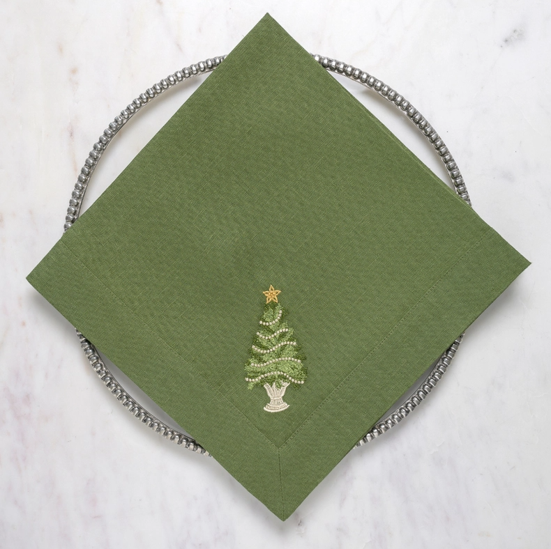 Christmas Tree Embroidered Linen Napkins - Set of 4