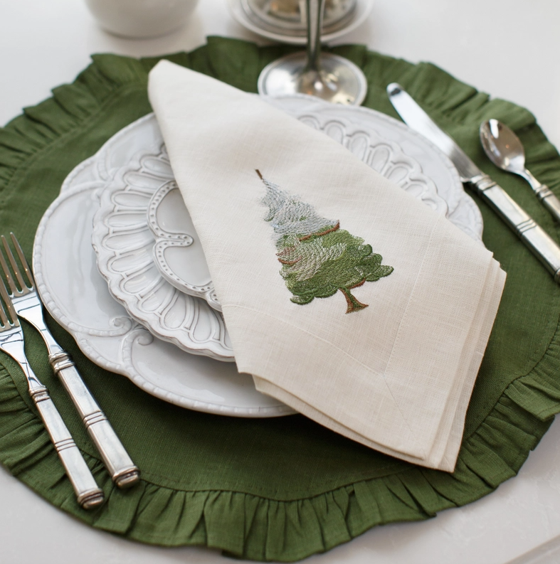 Snowy Pine Embroidered Linen Napkins - Set of 4