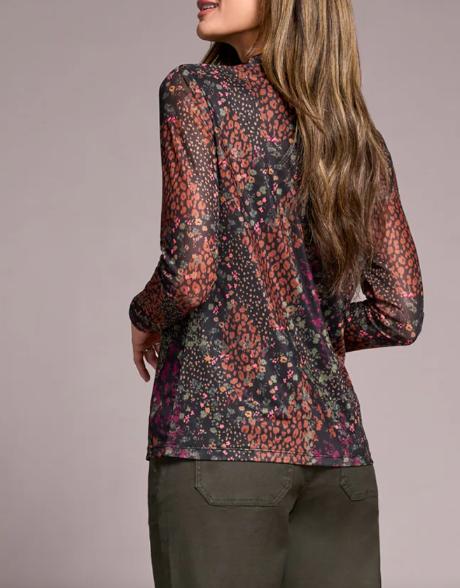 Tribal Mesh Turtleneck Top With Lining