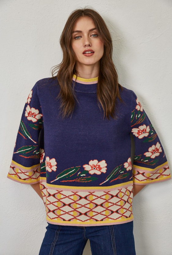 Irene Jacquard Knit Mock Neck Sweater