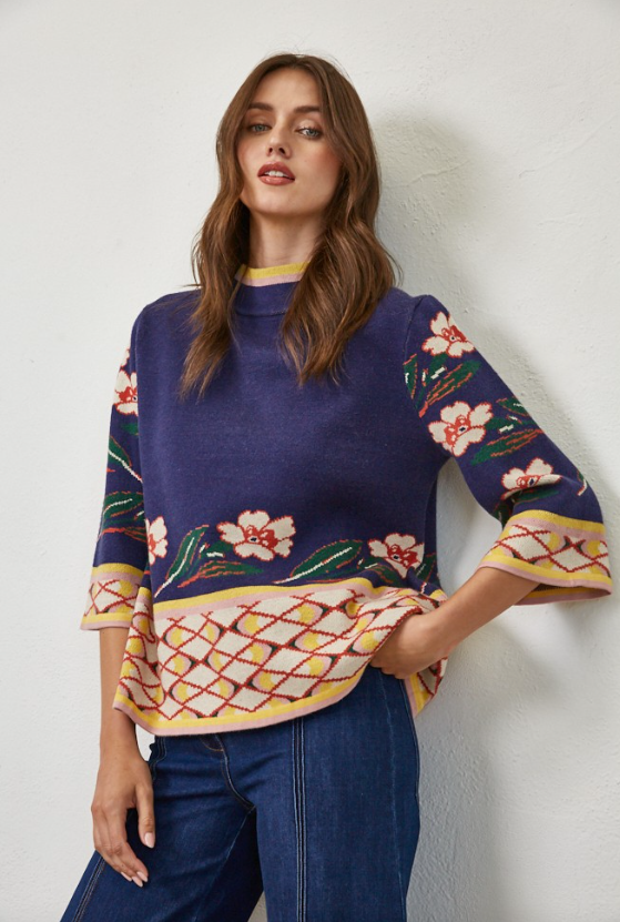 Irene Jacquard Knit Mock Neck Sweater