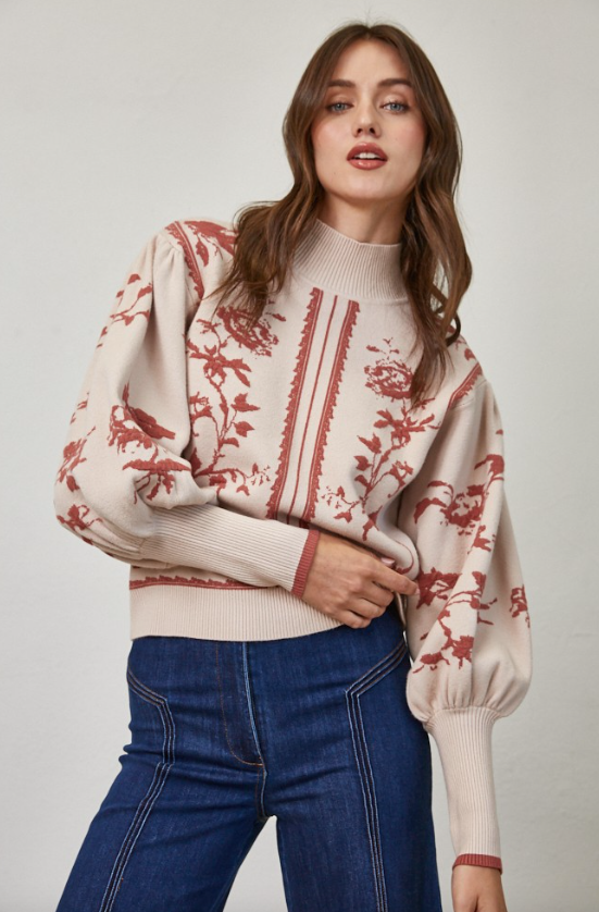 Arleth Floral Balloon Sleeve Mock Neck Sweater