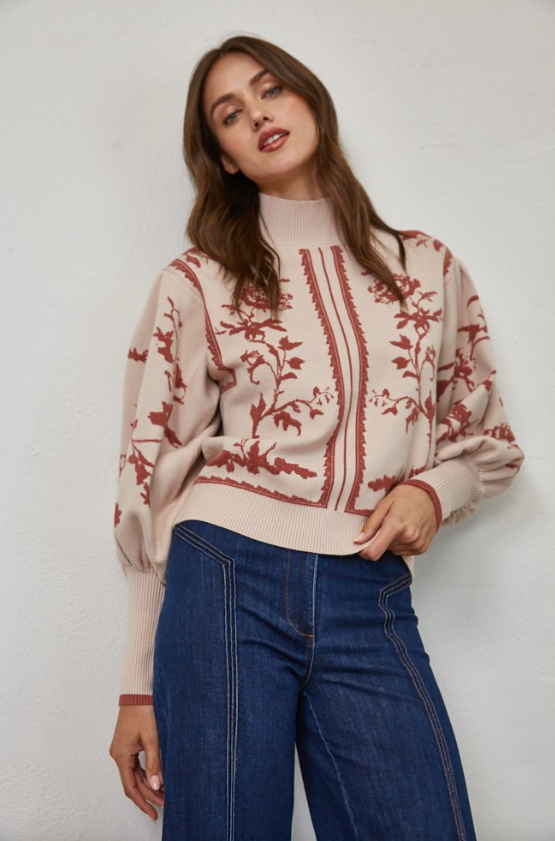 Arleth Floral Balloon Sleeve Mock Neck Sweater