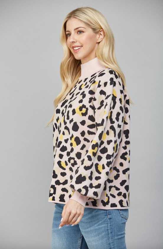 Leopard Jacquard Knit Balloon Sleeve Sweater