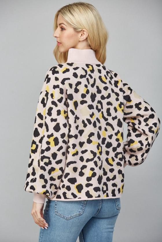 Leopard Jacquard Knit Balloon Sleeve Sweater