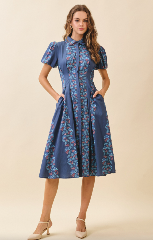 Zora Floral Print A Line Shirt Midi Dress