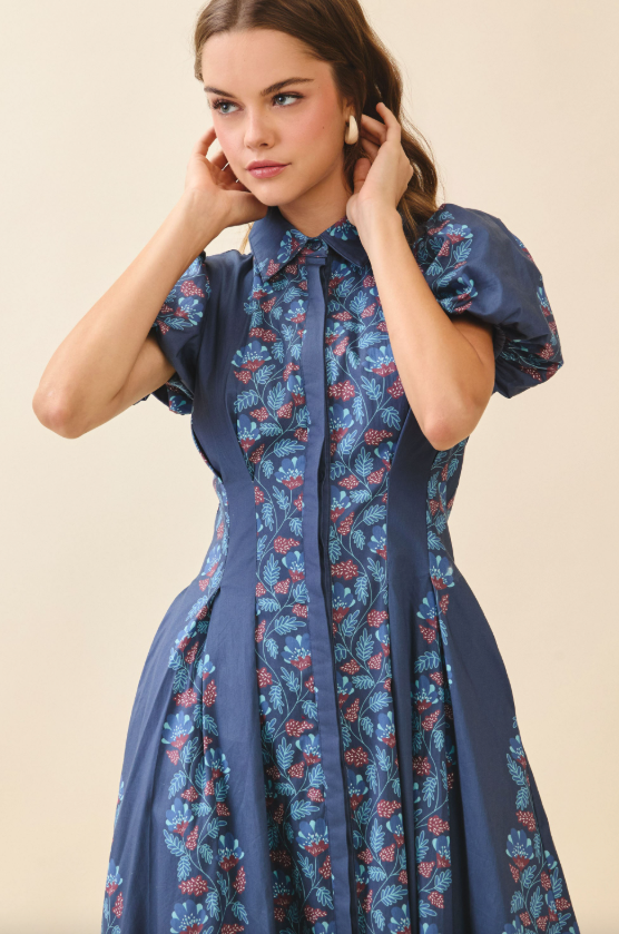 Zora Floral Print A Line Shirt Midi Dress