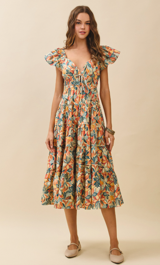Amiri Floral V Neck Tiered Dress