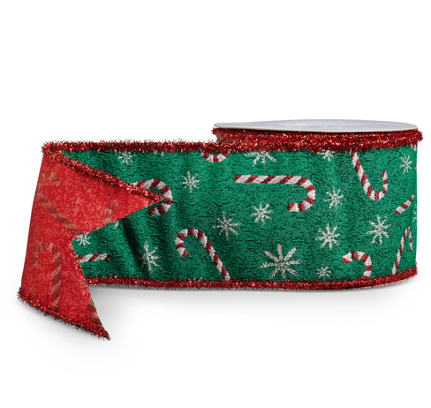 10yds Candy Cane Tinsel Edge Wired Ribbon