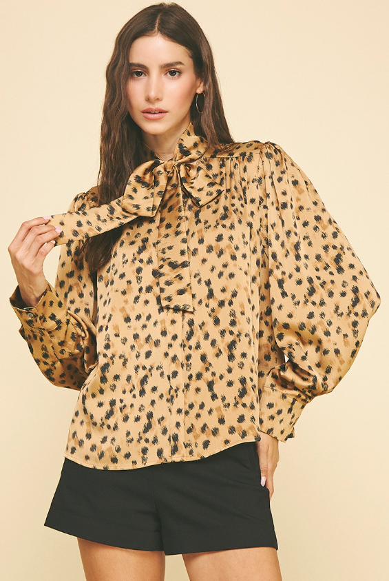 Tiffany Leopard Tie Neck Button Down Shirt