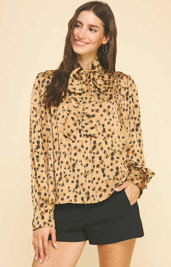 Tiffany Leopard Tie Neck Button Down Shirt