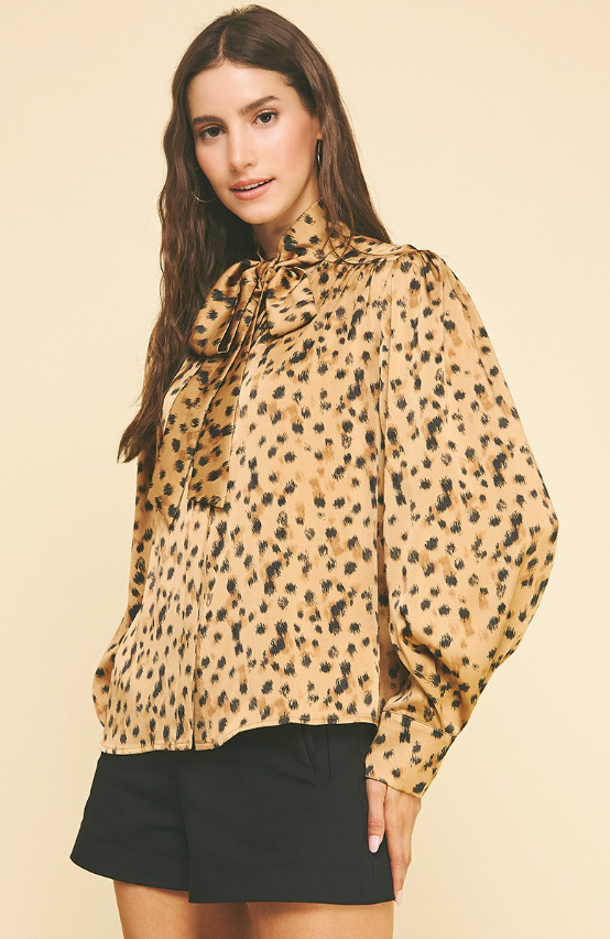 Tiffany Leopard Tie Neck Button Down Shirt
