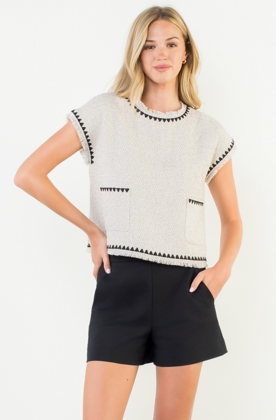 Anya Fringe Trim Tweed Pocket Top