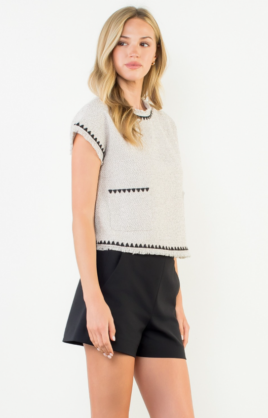 Anya Fringe Trim Tweed Pocket Top