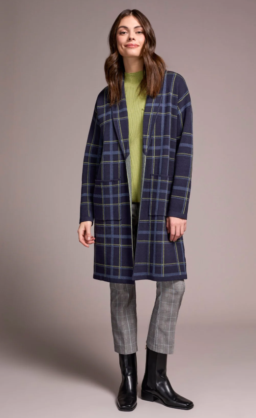 Tribal Double Knit Long Plaid Coatigan