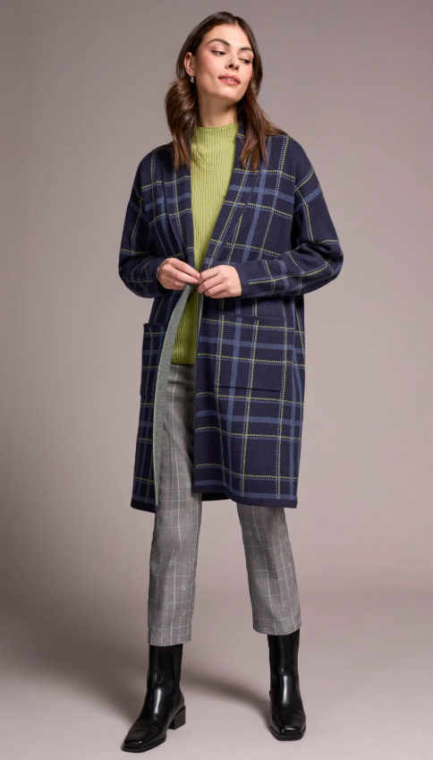 Tribal Double Knit Long Plaid Coatigan