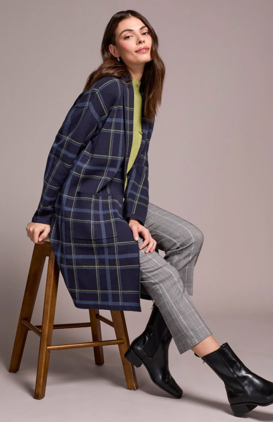 Tribal Double Knit Long Plaid Coatigan