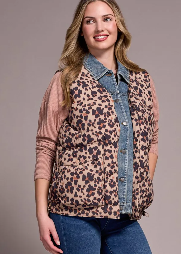 Tribal Leopard Shell Fooler Puffer Denim Vest
