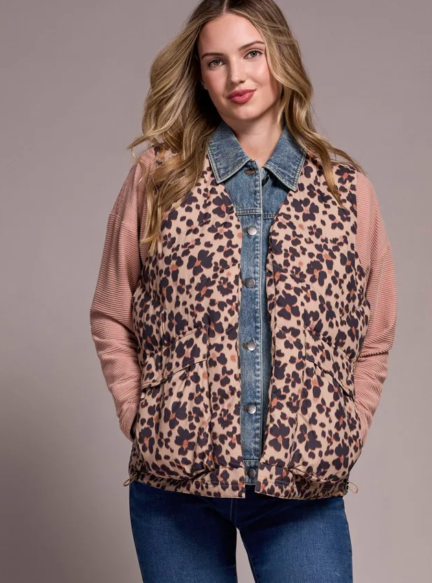 Tribal Leopard Shell Fooler Puffer Denim Vest