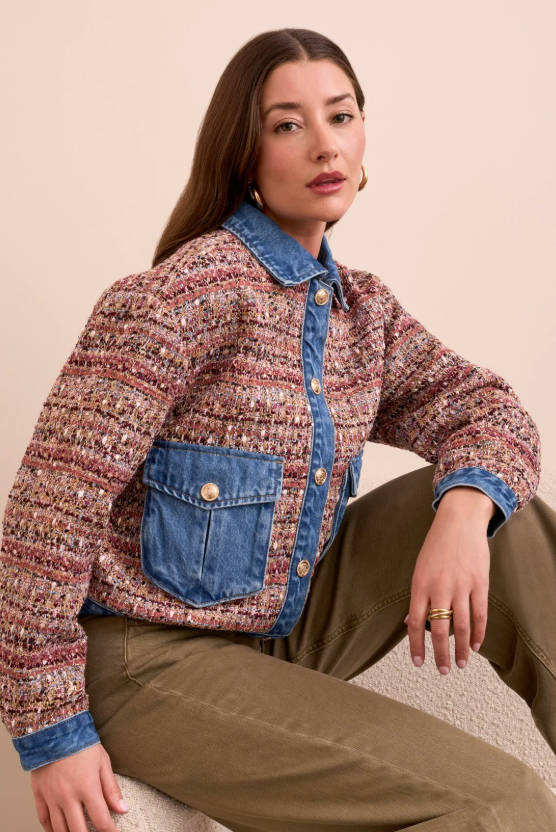 Tribal Mixed Media Plaid Jacket With Denim Inserts