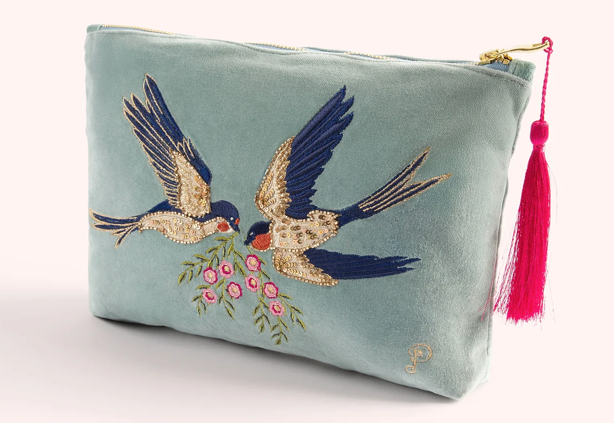 Swooping Swallows Velvet Embroidered Pouch