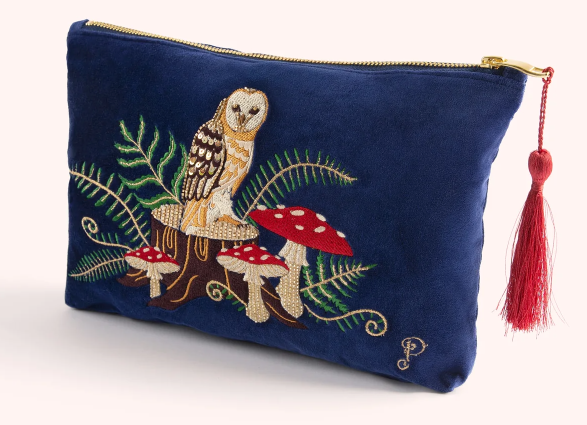 Woodland Owl Velvet Embroidered Pouch