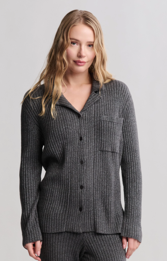 Barefoot Dreams CozyChic Ultra Lite Lurex Rib Button Front Shirt