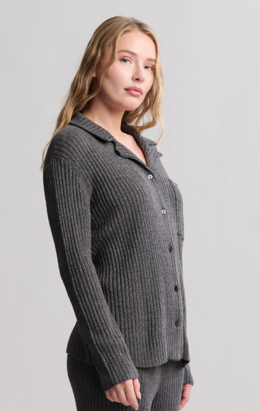 Barefoot Dreams CozyChic Ultra Lite Lurex Rib Button Front Shirt