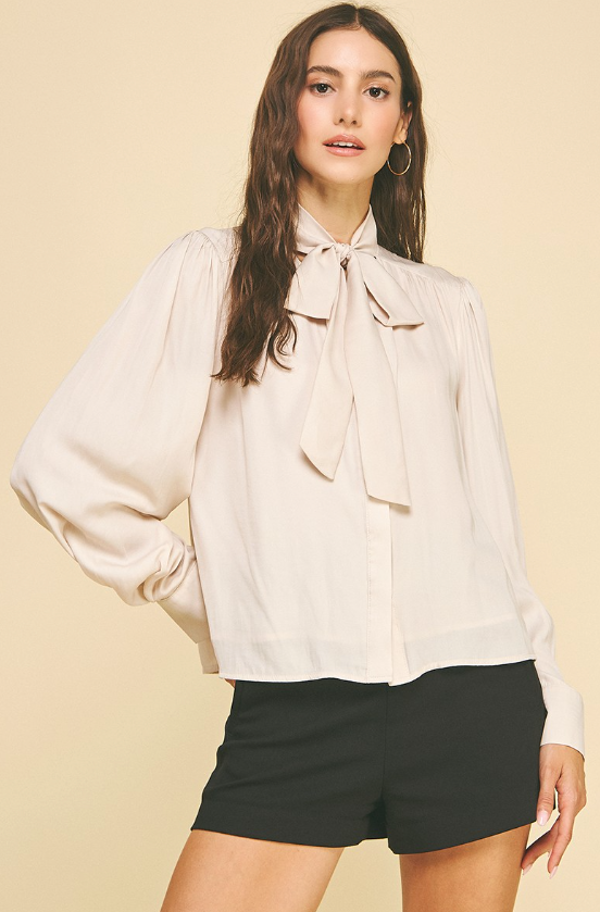 Phoebe Solid Tie Neck Button Down Shirt