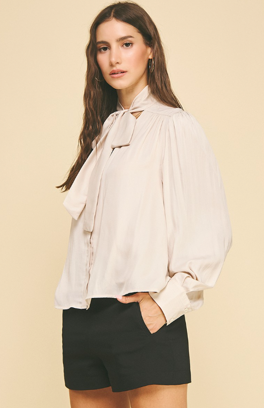 Phoebe Solid Tie Neck Button Down Shirt