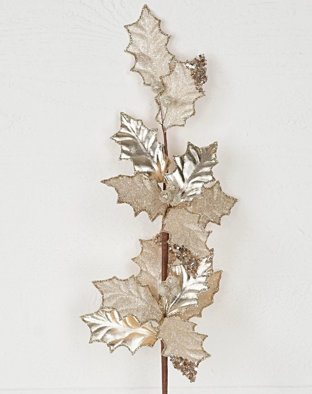 Frosted Metallic Holly Leaf Pick